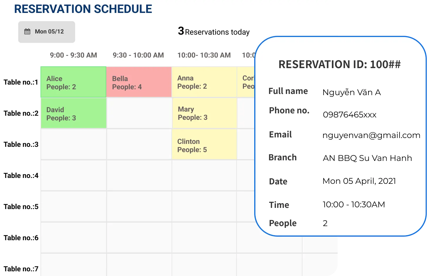 Table Booking Calendar